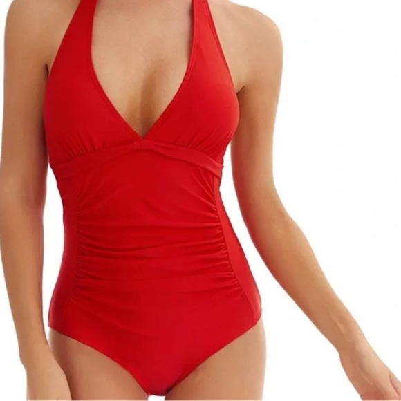 Davi SWIM SUIT Bathing One Piece 1PC TANK Red RUCHED SIDES Padded V Neck <<188>> - Picture 1 of 5